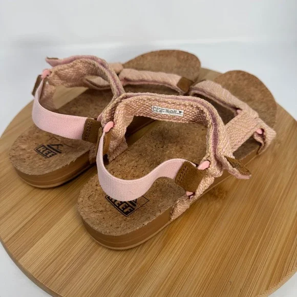 Reef Cushion Rem Pink Tan Woven Strappy Cork Footbed Sandals Womens 9 D-22 JHV - Picture 8 of 11